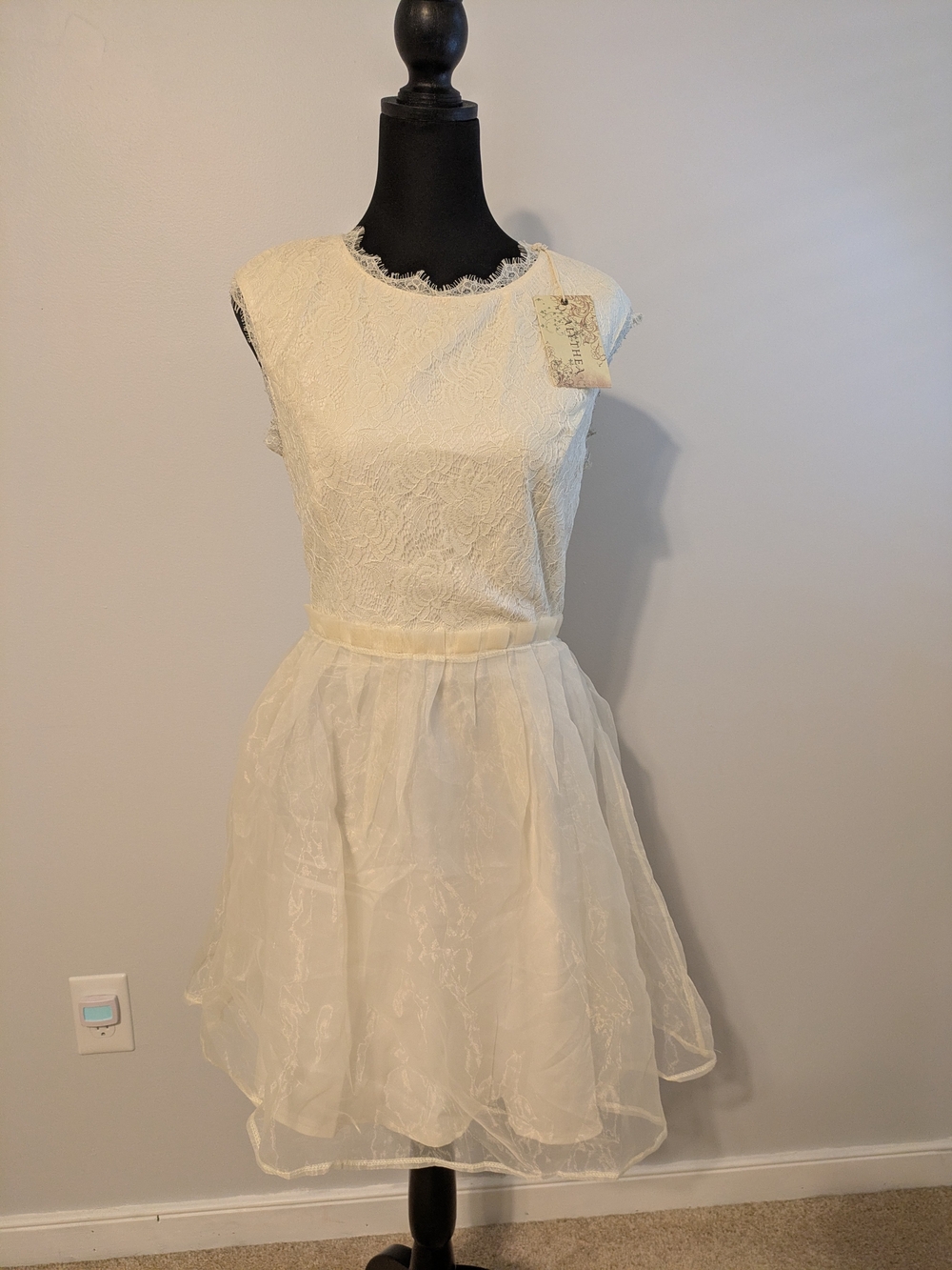 Alythea Cream Lace Fit-and-Flare Midi Dress Size M Organza Sleeveless Formal